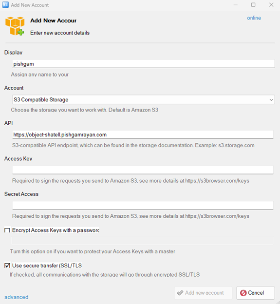 پنجره تنظیمات Add New Account و جایگاه وارد کردن Access Key ID، Secret Key و Endpoint